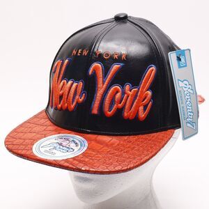 Seventy Seven 77 New York Collector Ed Faux Leather Strapback Hat Black Orange